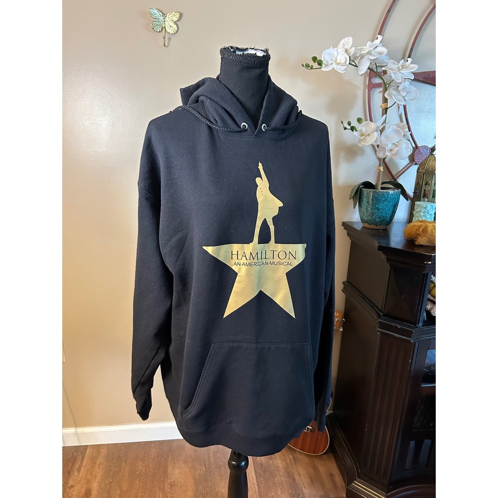 Hamilton An American Musical Broadway Hoodie Black Gold Star Hanes XL Pullover